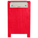 A red wooden menu board tent with a white clip.