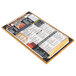 A Menu Solutions country oak wood board with black and white picture corners on a table in a pizza parlor.