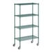 A green Regency wire shelving unit with casters.