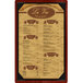 A mahogany wood menu board with picture corners.