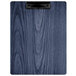 A denim blue wood clipboard with a black clip.