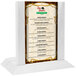 A white wash wood menu holder with a menu on a stand.