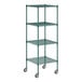 A green metal Regency wire shelving unit with wheels.