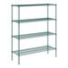 A green metal Regency wire shelving unit with four shelves.