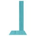 A blue wooden Menu Solutions table tent holder with a white background.