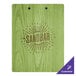 A green wood Menu Solutions clip board with a logo on it.