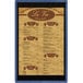 A Menu Solutions wood menu board with blue top and bottom strips.