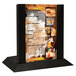 A black wood Menu Solutions table tent with a menu on it.