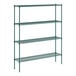 A green metal wire shelving unit with four shelves.