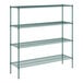 A green metal wire shelving unit with four shelves.