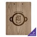 A wood menu clip board with a logo on it.