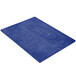 A blue rectangular wood menu board with picture corners on a table.