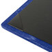 A blue and black wood menu board with black edges.