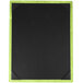 A black wood menu board with green picture corners.