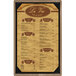 A weathered walnut wood menu board with picture corners.