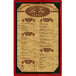 A white menu on a wood frame with picture corners.