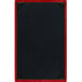 A black wood menu board with red picture corners.