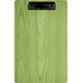 A lime green wood clipboard with a black clip.