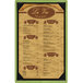A customizable wood menu board with picture corners holding a menu.