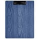 A blue wood clipboard with a black clip.