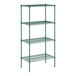 A green wire shelving unit with four shelves.