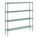 A green metal wire shelving unit with four shelves.