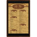 A Menu Solutions walnut wood menu board with top and bottom strips and a brown frame.