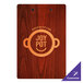 A Mahogany wood Menu Clip Board with a logo on it.