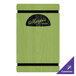 A lime green wood menu board with black rubber band straps.