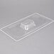 A clear plastic food pan lid with a square shape on top.