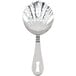 A silver Barfly stainless steel spoon with scalloped holes and a handle.