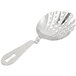 A Barfly stainless steel scalloped julep strainer with holes in it.