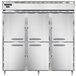 A group of three Continental reach-in refrigerators with solid half doors open.