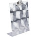 An Alumitique aluminum menu tent with a swirl finish and a metal clip.