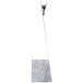 An Alumitique aluminum menu tent with a clip on a silver metal stand.