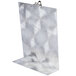 A Menu Solutions Alumitique aluminum table tent with a metal clip on a metal stand.