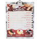 A Menu Solutions Alumitique aluminum table tent with a swirl finish on a table with a menu on it.