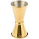 A gold-plated Barfly Japanese style jigger with a cone shape and bell end.