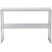 A white rectangular metal shelf with two shelves on metal legs.