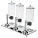 A Choice triple canister cereal dispenser with clear containers on a metal stand.
