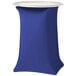 A Snap Drape royal blue spandex tray stand cover on a table.