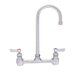 A silver Fisher wall mount faucet with lever handles and a swivel gooseneck nozzle.