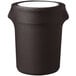 A chocolate spandex cover on a black round trash can.