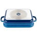 A blue and white enamel coated cast aluminum roasting pan with a lid.