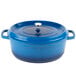 A cobalt blue GET Heiss Dutch oven with lid.