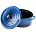 A cobalt blue oval Dutch oven with a lid.