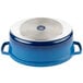 A cobalt blue and silver oval Dutch oven with a lid.