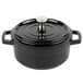 A black enamel coated cast aluminum bistro pot with a lid.