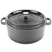 A gray enamel coated cast aluminum Dutch oven with a lid.