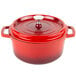 A red GET Heiss cast aluminum Dutch oven with lid.